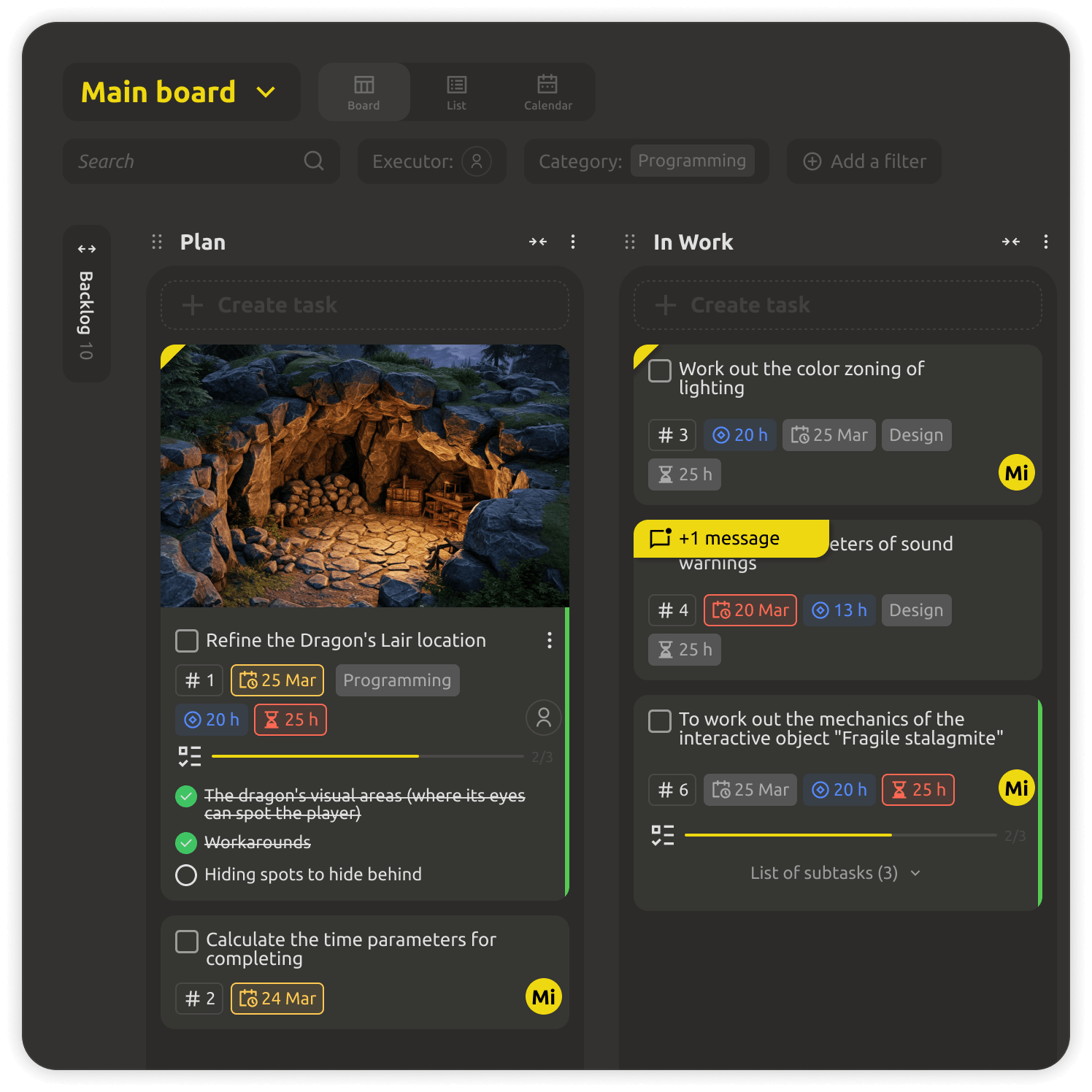 Kanban board with custom categories and assignments