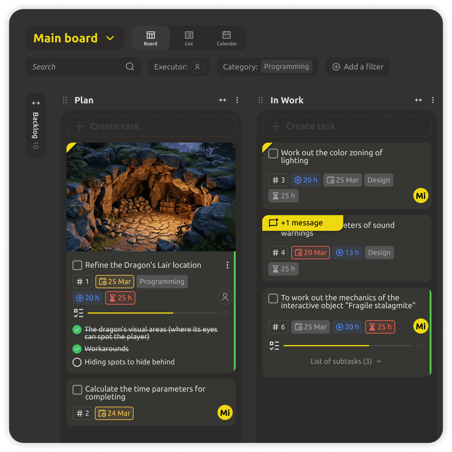 Kanban board with task tracking and progress